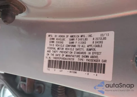 2013 Honda Accord Ex-L V-6 from USA, damaged, VIN 1HGCR3F89DA029239